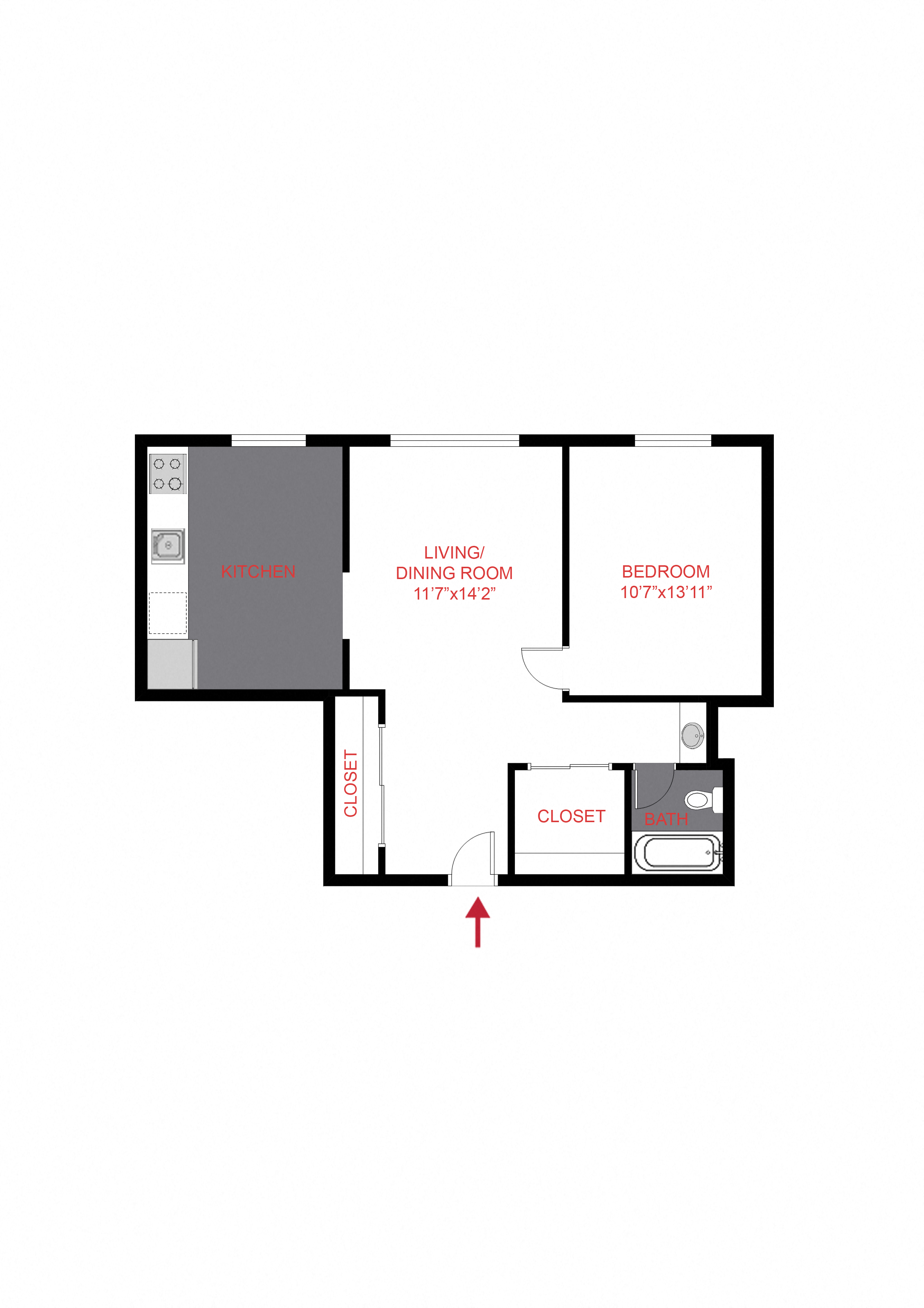 Floor plan for 1 bed, 1 bath, 783 sqft